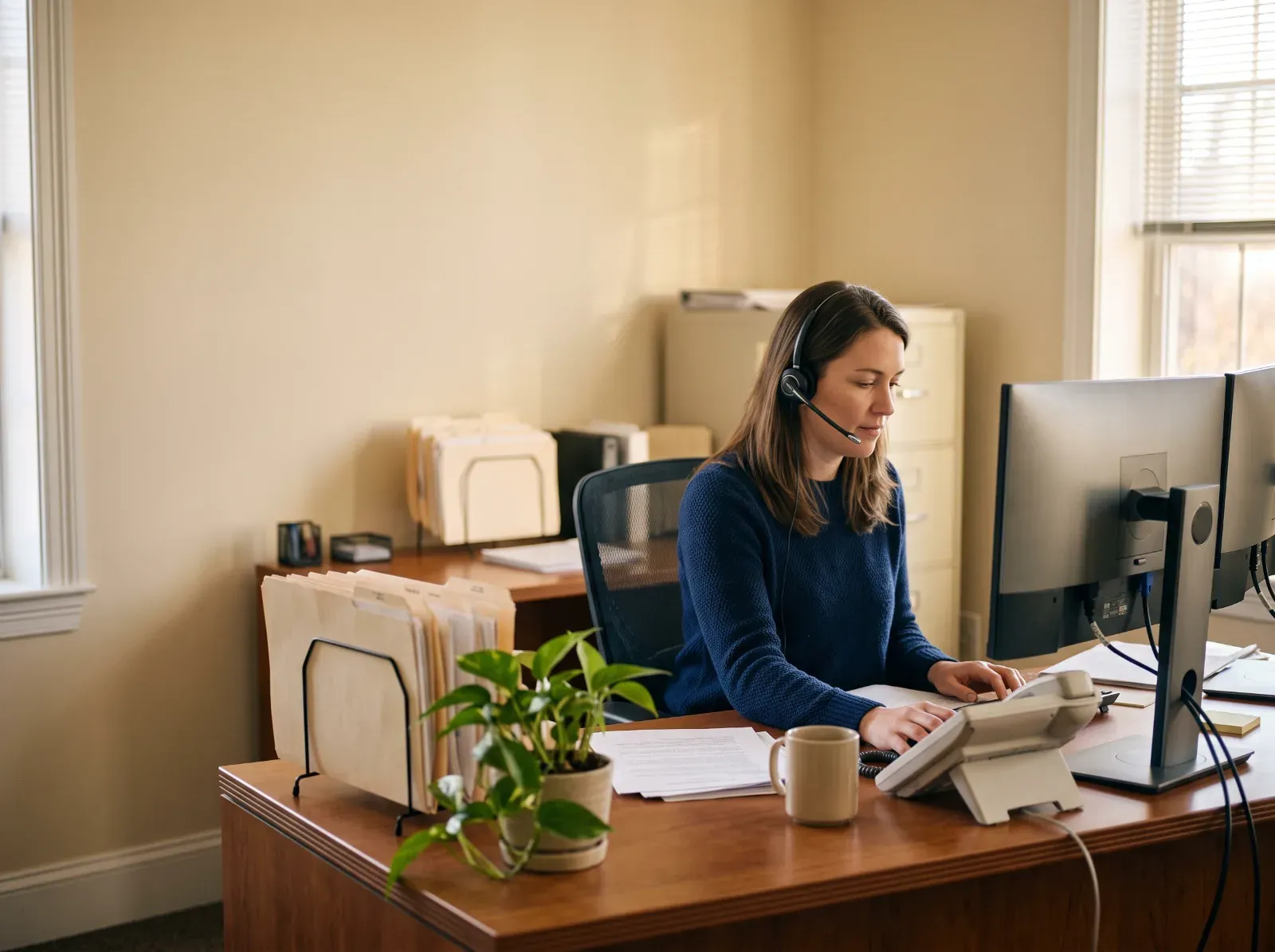 A woman with a headset working at an office desk