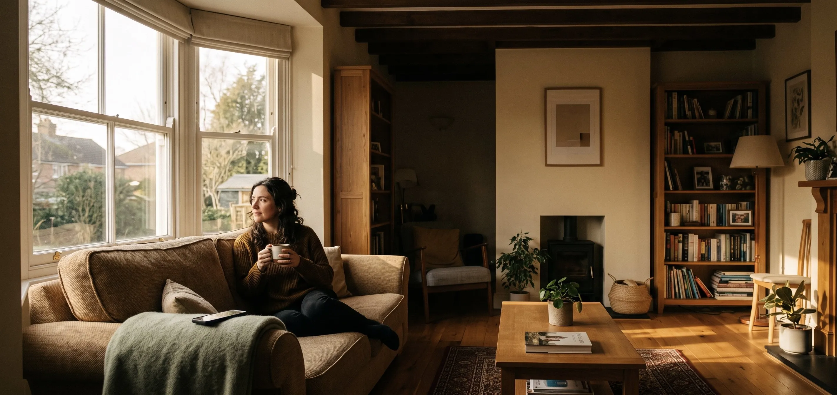 A woman recovering at home with her phone nearby