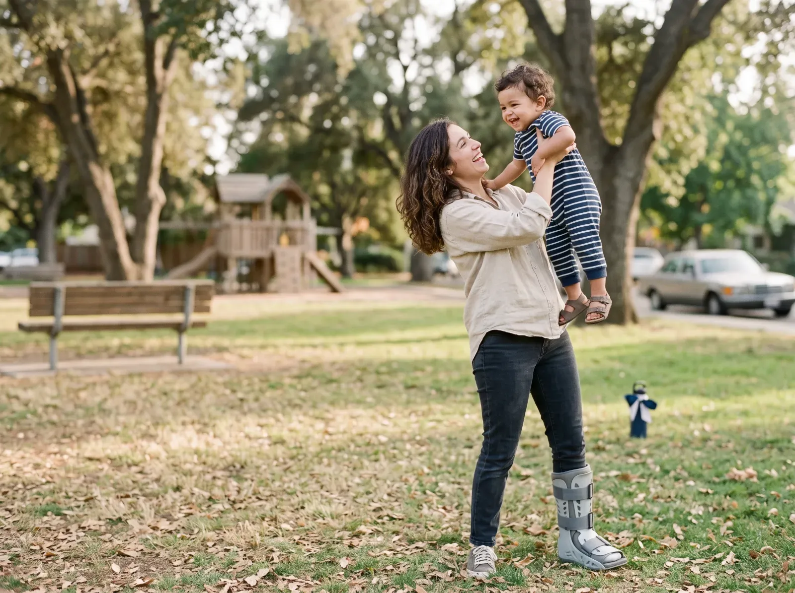 A parent enjoying an active moment with her child