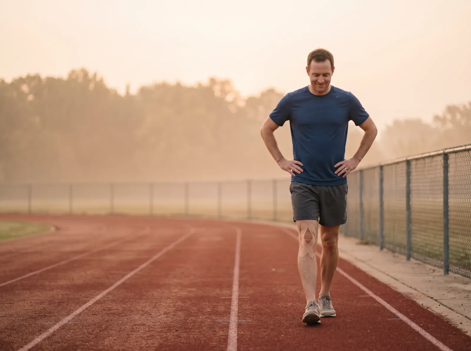 A man walking on a track with a brace on his knee