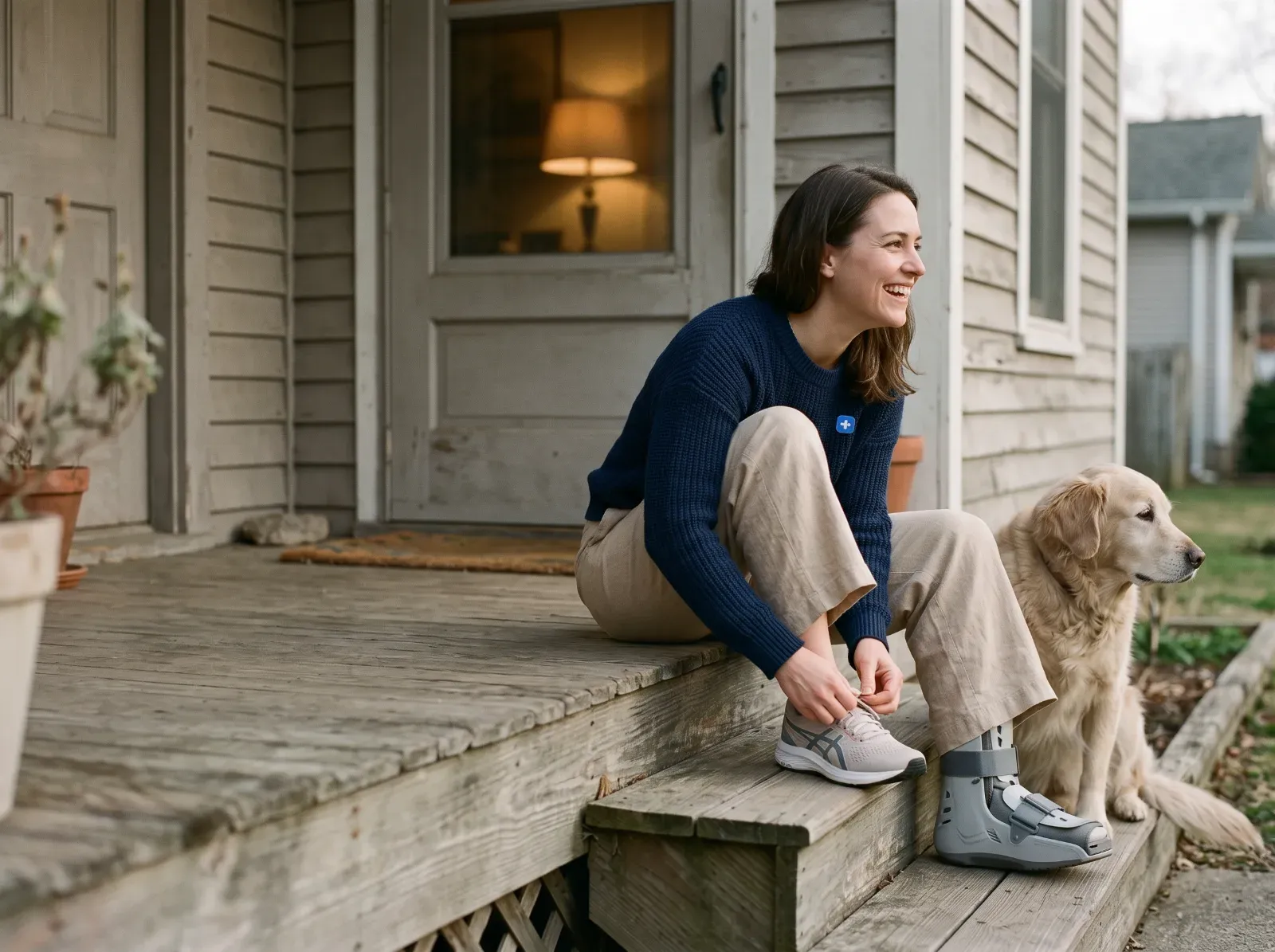 A woman on her porch tying a shoe, with a walking boot on her other foot