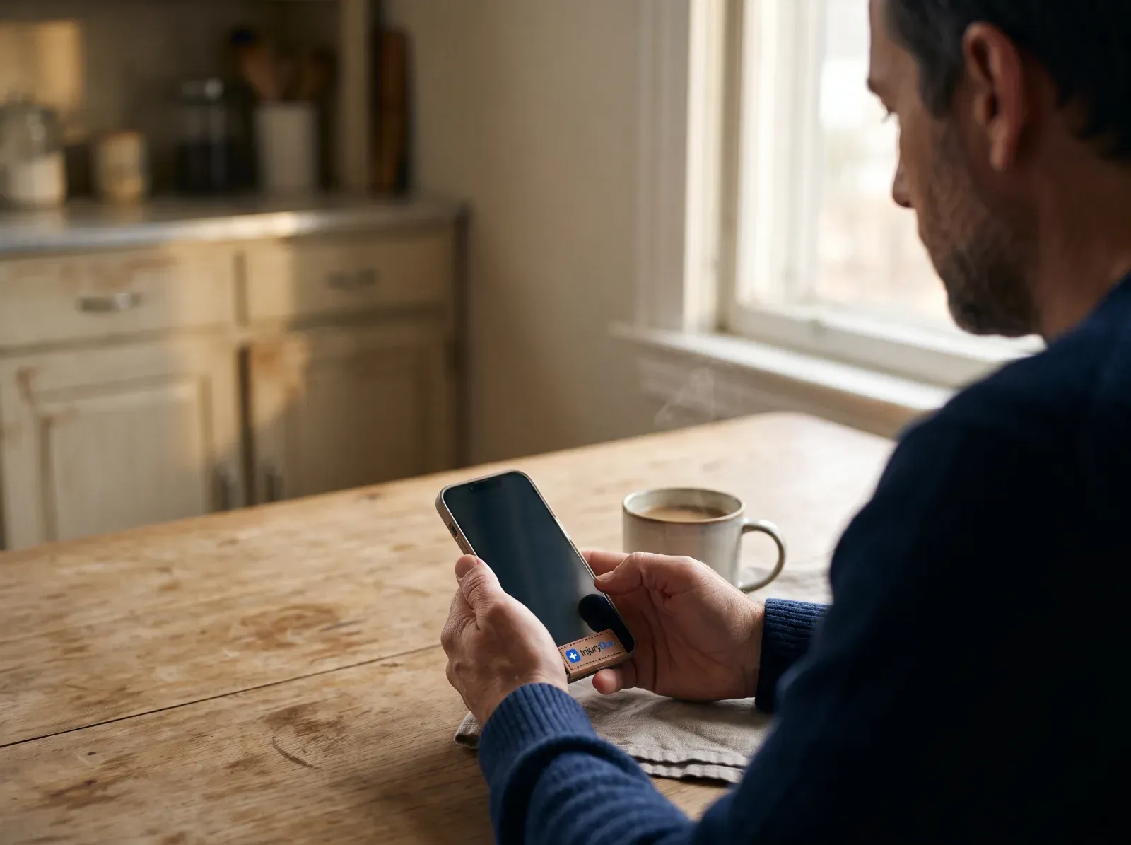 A man at a kitchen table looking at his phone
