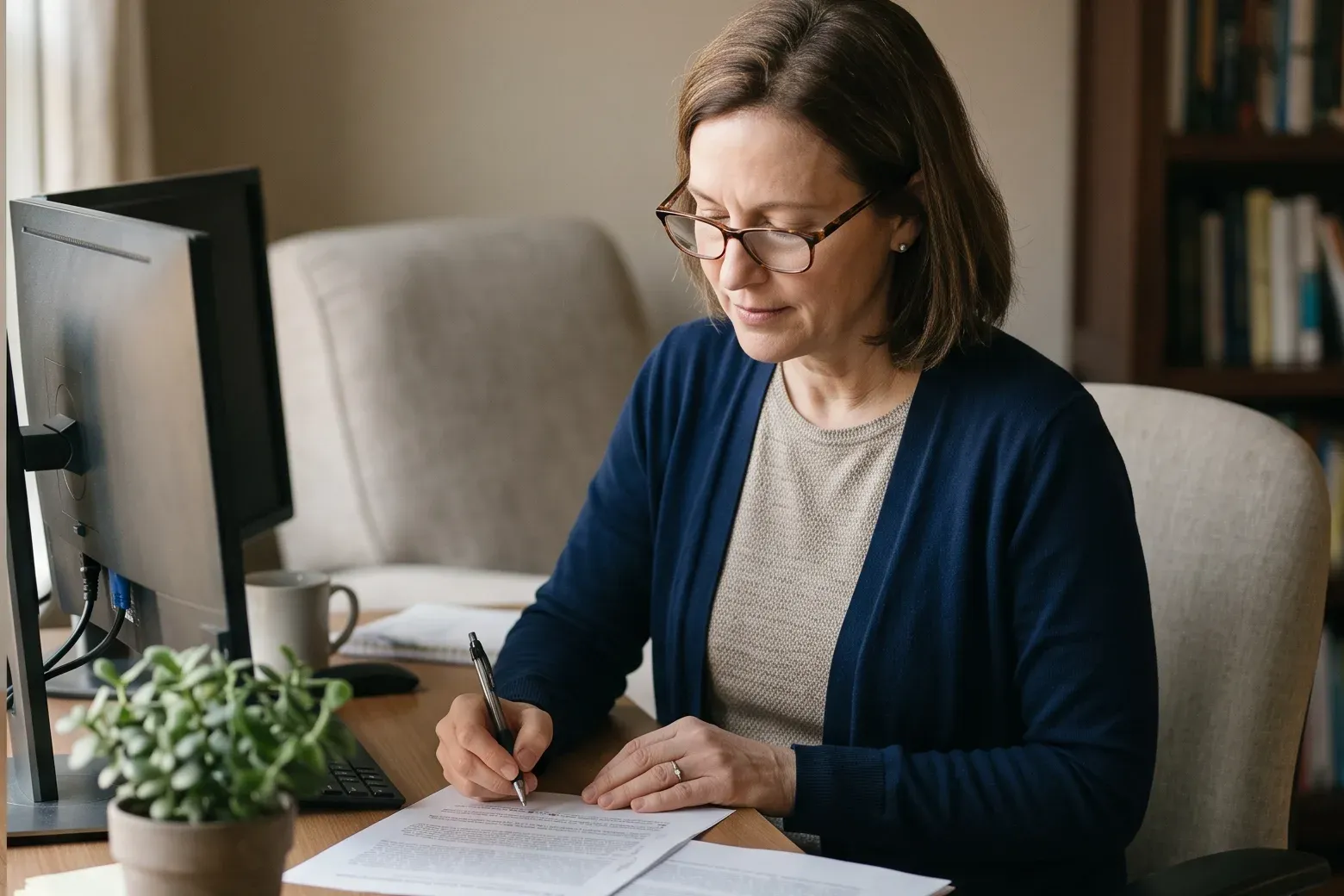 A woman writing notes beside a computer